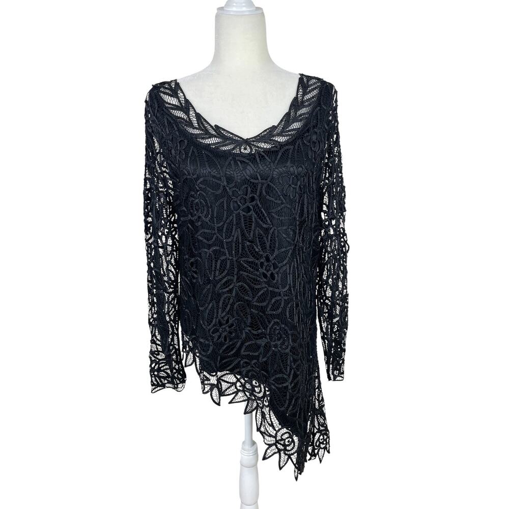 Vtg Soulmates Silk Beaded Lace Crochet Asymmetric Top XL Elegant Whimsy Chic